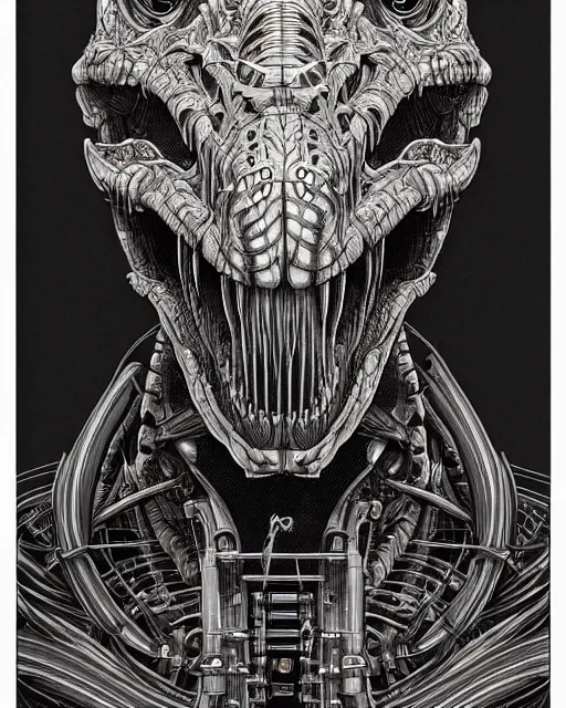 Image similar to intricate mechanical robot trex dinosaur skull, transformer, symmetrical illustration, bold line symmetrical illustration by peter gric, hr giger, kim jung gi, joe fenton, scifi, screen print, trending on art station, sharp, high contrast, ultrafine hyper detailed,