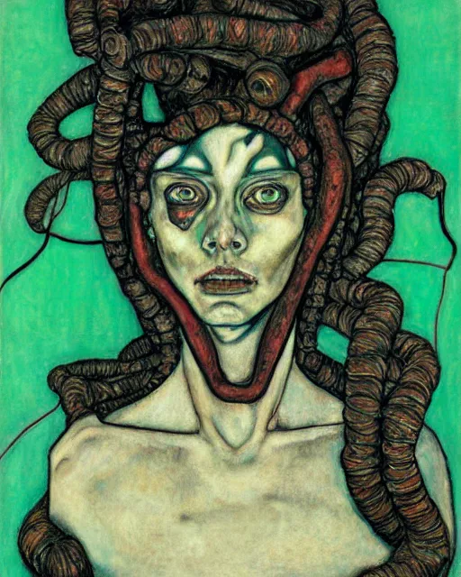 Image similar to portrait of cyberpunk medusa by egon schiele in the style of greg rutkowski