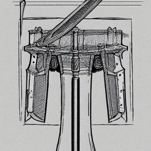 Prompt: black and white pen and ink sword design highly detailed technical drawing center page single item clear defined concept art