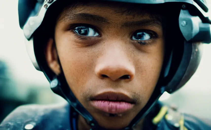 Image similar to cinestill 5 0 d candid photographic portrait by helen levitt of a mixed teen wearing rugged black mesh techwear riding on a dirtbike through an airport under siege, extreme closeup, modern cyberpunk moody emotional cinematic, snow storm, 8 k, hd, high resolution, 3 5 mm, f / 3 2, ultra realistic faces, ex machina