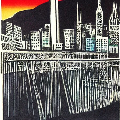 Image similar to 1 9 7 0 s grainy vintage illustration by norman bluhm. a beautiful illustration of a cityscape with tall spires & delicate bridges.