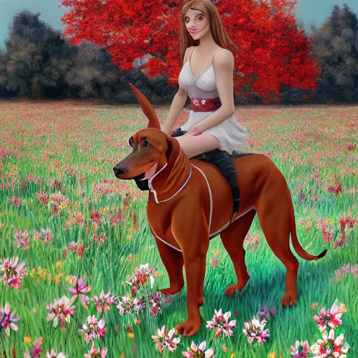 Image similar to girl riding a giant doberman in a field of flowers, trending on artstation