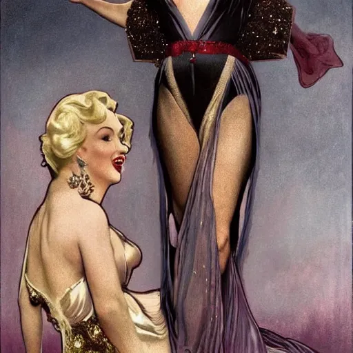 Image similar to an extremely detailed matte painting marilyn monroe as a powerful sorceress in a resplendent silver and gold dress with crimson trim and a long leg slit, in the style of magic the gathering, 8 k, sharp focus, detailed face, art by john collier and albert aublet and krenz cushart and artem demura and alphonse mucha