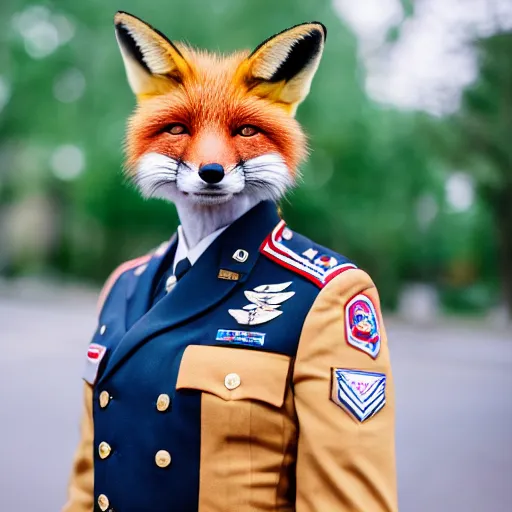 Image similar to a Fox dressed in a modern American general uniform, 85mm f/1.4