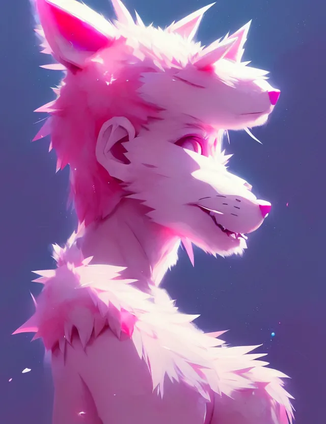 Image similar to a beautiful fullbody portrait of a cute anime boy with pink hair and pink wolf ears. character design by cory loftis, fenghua zhong, ryohei hase, ismail inceoglu and ruan jia. artstation, volumetric light, detailed, photorealistic, fantasy, rendered in octane