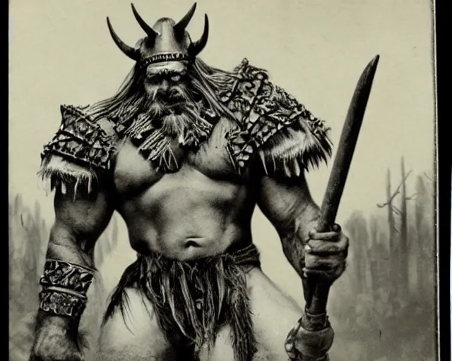 Prompt: vintage photograph of a real fantasy orc chieftain, tall, muscular, sharp fangs and tusks, big arms, big hands, big feet, armored, tribal paint, highly detailed