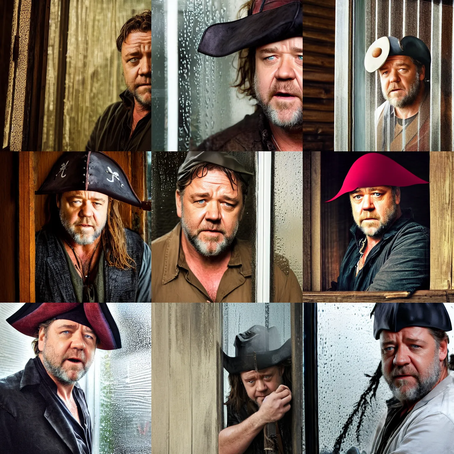 Prompt: russell crowe wearing a too wide silly pirate hat behind a rainy dirty window and wooden wall peering out to the camera