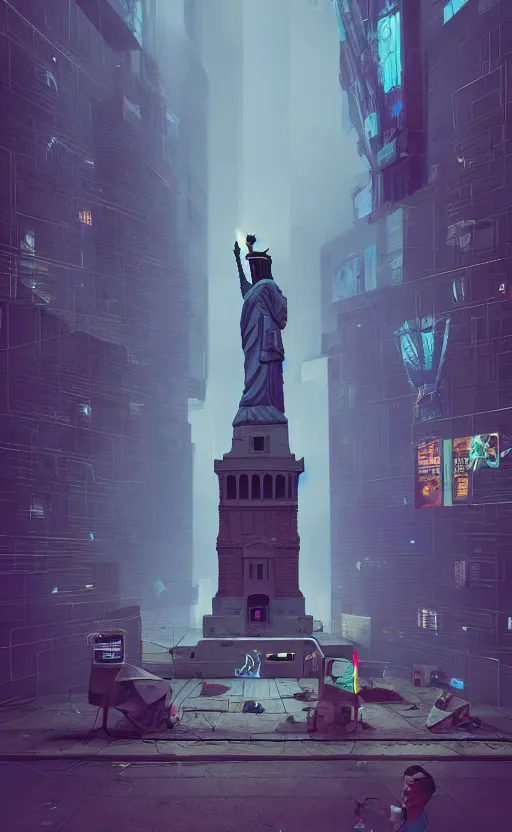 Image similar to a cyberpunk American Statue of Liberty Mount Rushmore in a alley with robots and humans walking around by marcel deneuve and beeple