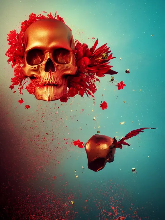 Prompt: a falling Icarus sinking in lake bubbling red wax, skull, flowers, baroque. Trending on artstation. octane render, cinematic, hyper realism, octane render, 8k, depth of field, bokeh. iridescent accents. vibrant. teal and gold and red colour scheme