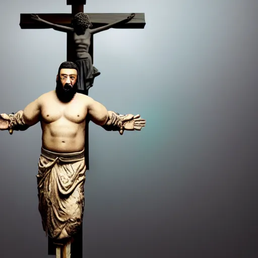 Image similar to a highly detailed realistic photographic render saint dj khaled with ice cream in hands crucified, religious sculpture, cinematic lighting, cinematic scene, Volumetric lighting, Atmospheric scene, Dark, Horror, Atmospheric lighting, Global illumination, realistic, photo realism, hyper realistic, hyper realism, photo realisitc, cinematic render, film, beautifully lit, ray traced, octane 3D render, octane render, unreal engine