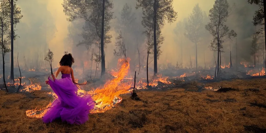 Prompt: a young woman dances in a forest fire. she burned in the flames in purple fog