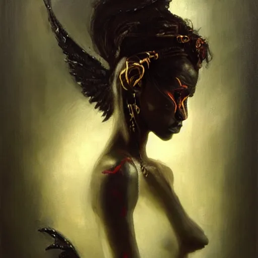 Image similar to portrait of the god of death, beautiful female face, angelic, black woman, golden eyes, dark, blood, by jeremy mann, by lucian freud, oil painting, god rays, female warrior, warrior face painting red, wings, gothic, holding a weapon, intricate, highly detailed, trending on artstation, award winning, cinematic