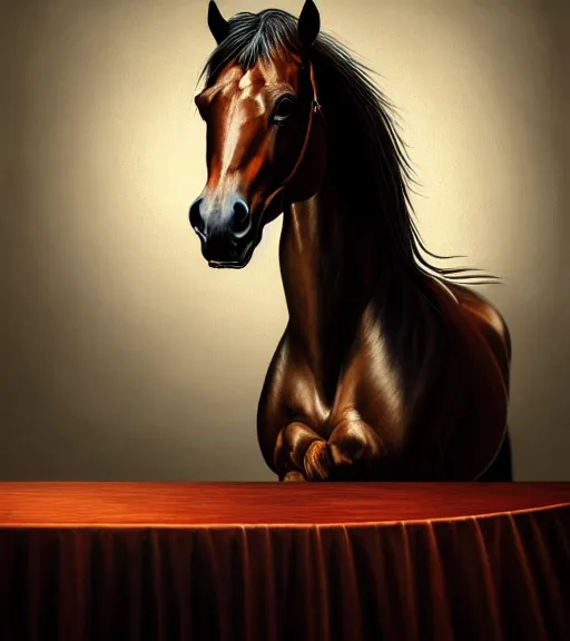 Image similar to portrait of a horse sitting upon a table with heightened detail, poised, intense emotion, detailed facial expression, detailed surroundings, intricate, elegant, highly detailed, centered, digital painting, artstation, concept art, smooth, sharp focus, illustration, by ( leonardo da vinci ), wlop