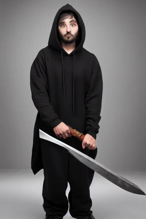 Prompt: a full body shot of a man in a black hoodie holding a dagger