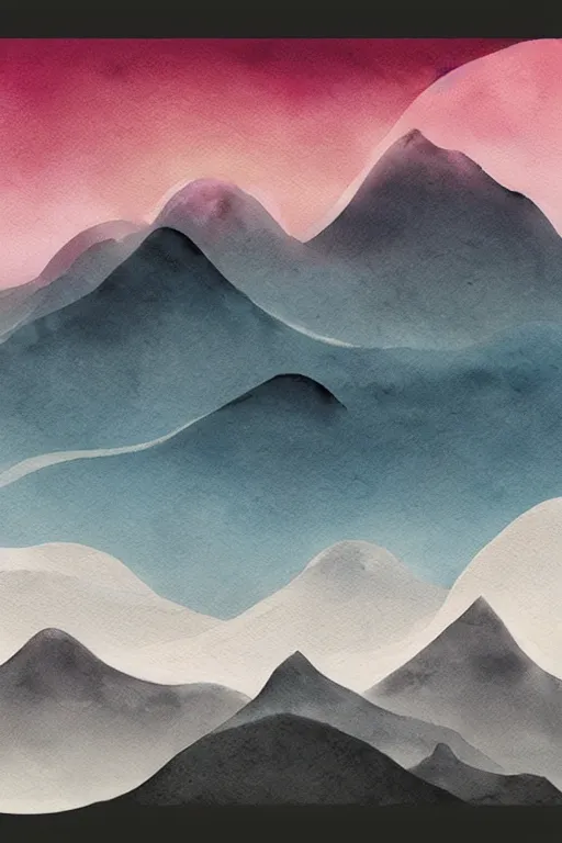 Prompt: beautiful digital matte watercolor of mountains, layered mountains in gradients watercolor greg rutkowki artstation