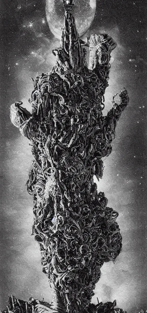 Prompt: the statue of liberty with huge cosmic horror emerging from its pedestal, body horror, dark, horror, creepy