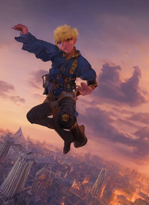 Image similar to An epic fantasy comic book style portrait painting of a young blonde boy thief flying out of a steampunk city, unreal 5, DAZ, hyperrealistic, octane render, cosplay, RPG portrait, dynamic lighting