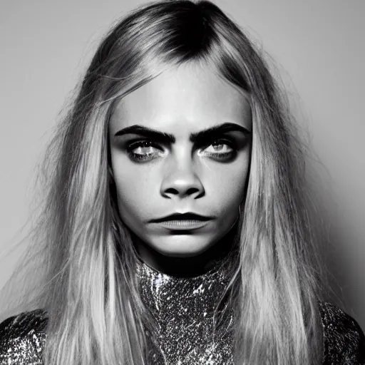 Image similar to photo of a gorgeous 40-year-old Cara Delevingne 1970s hairstyle by Mario Testino, detailed, head shot, award winning, Sony a7R -