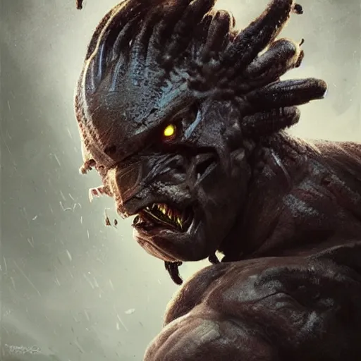 Image similar to A frontal head portrait of The Predator , by dreadjim, Greg Rutkowski, james gurney, epic scifi character art, Exquisite detail, post-processing, low angle view, masterpiece, cinematic