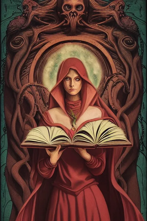 Prompt: raphael illustration of romantic girl, her cat and her book of necronomicon, symmetrical, cinematic, sharp focus, 4 k, ultra hd, sense of awe, sinister demonic atmosphere, dreadful, forbidden knowledge, old gods, cthulhu, yog - sothoth! yah, yah, yah! cultist journal cover