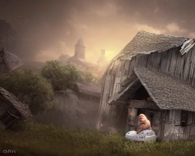 Image similar to of a very beautiful scene. ambient occlusion render. a sweet fat old woman is giving birth to her broken house. hyper realistic. 4 k. wide angle. wild. symmetrical face, red mouth, blue eyes. deep focus, lovely scene. ambient occlusion render. concept art. unreal engine.