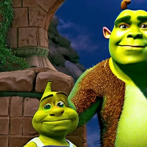 Prompt: A still of Shrek meeting Sonic the Hedgehog for the first time in Shrek (2001) by Dreamworks