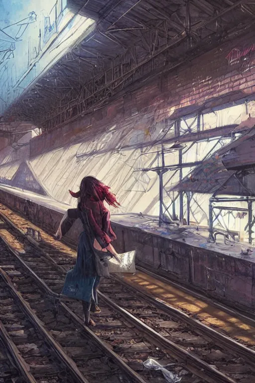 Image similar to graffiti vandal writing graffiti on a train in a train yard, illustrated by greg rutkowski and moebius and loish and artgerm, painterly, illustration, backlit, beautiful artist rendering, gorgeous, masterpiece