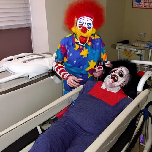 Image similar to crazy elderly clown restrained to hospital bed