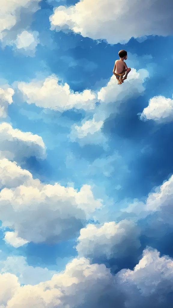 Prompt: A boy swimming in the clouds, volumetric lightin, highly detailed, digital painting, artstation, concept art, smooth, sharp focus, blue sky, sunshine