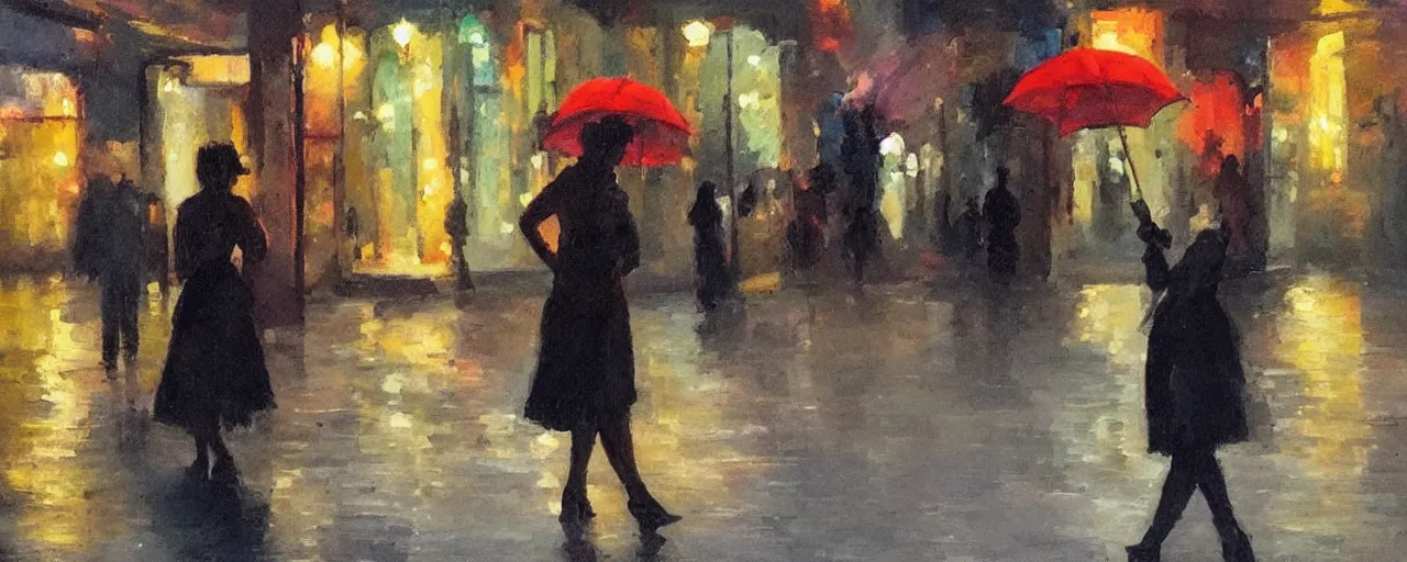 Image similar to evening city scene with central woman with umbrella. beautiful use of light and shadow to create a sense of depth and movement. uses energetic brushwork and a limited color palette, providing a distinctive look and expressive quality in a rhythmic composition