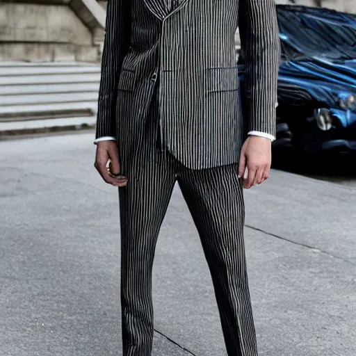 Prompt: A ferret wearing a pinstripe Valentino suit, featuring notched lapels, a button fastening, a broad welt chest pocket, flap pockets, long sleeves and button cuffs.