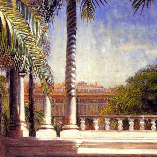 Image similar to a ultradetailed beautiful painting of the amazonas palace balustrade designed by jules bastien - lepage, hans belmer, frank weston and gustave baumann, beach, trending on artstation, mediterranean, palm trees, refracted color sparkles, sharp focus, soft light, 8 k 4 k