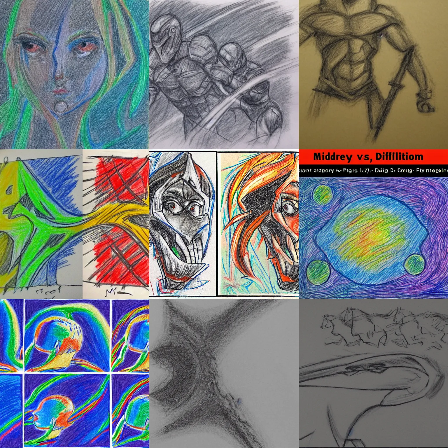 Prompt: Midjourney vs DALL-E vs Stable Diffusion, fight, compete, crayon drawing