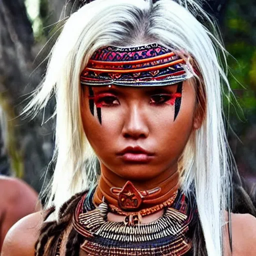 Image similar to hot tribal warrior cute girl big eyes pouty lips tanned skin white hair