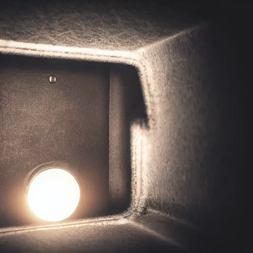 Prompt: dramatic cinematic 8k photo of a leather film camera peaking through a hole of light, 65mm lens, Ultra HD, studio lighting