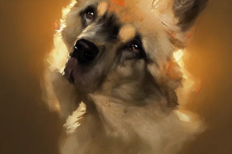 Prompt: A painting of a cute, fluffy german shepherd dog by Craig Mullins, dramatic lighting, extremely high detail, trending on artstation