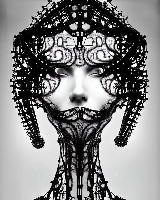 Prompt: surreal black and white photo portrait of complex biomechanical young female cyborg with a mandelbrot fractal metal lace face, silver hair, 150 mm lens, soft rim light, fine metal foliage super big lace collar, Alexander McQueen, high fashion, haute couture, rococo, steampunk, silver filigree details, anatomical, facial muscles, cable wires, microchip, elegant, hyper realistic, octane render, unreal engine, by Man Ray and Dora Maar, volumetric lighting, 8k,
