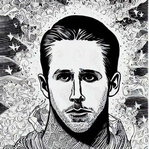 Image similar to black and white pen and ink!!!!!!! MAPPA designed Ryan Gosling wearing cosmic space robes made of stars final form flowing royal hair golden!!!! Vagabond!!!!!!!! floating magic swordsman!!!! glides through a beautiful!!!!!!! Camellia!!!! Tsubaki!!! flower!!!! battlefield dramatic esoteric!!!!!! Long hair flowing dancing illustrated in high detail!!!!!!!! by Moebius and Hiroya Oku!!!!!!!!! graphic novel published on 2049 award winning!!!! full body portrait!!!!! action exposition manga panel black and white Shonen Jump issue by David Lynch eraserhead and beautiful line art Hirohiko Araki!! Rossetti, Millais, Mucha, Jojo's Bizzare Adventure