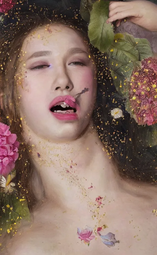 Prompt: portrait of a girl, in a silk robe, honey dripping down her top to bottom, flowers erupting out of her mouth, hyperrealistic