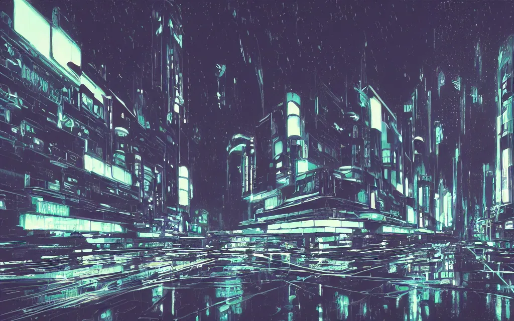 Image similar to futuristic city at night with rain, in the style of syd mead,