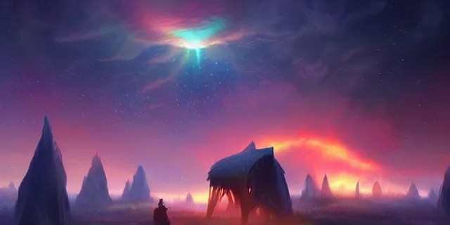 Prompt: a beautiful network of glowing futuristic cubes appears in the sky above a fantasy landscape, atmospheric lighting, intricate, volumetric lighting, beautiful, sharp focus, ultra detailed, in the art style of bowater charlie, brom gerald, astrophotography