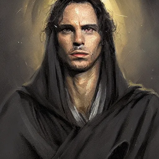 Image similar to portrait of a man by greg rutkowski, british features, messy black long hair, black robes, star wars expanded universe, he is about 2 0 years old, wearing jedi robes, highly detailed portrait, digital painting, artstation, concept art, smooth, sharp foccus ilustration, artstation hq