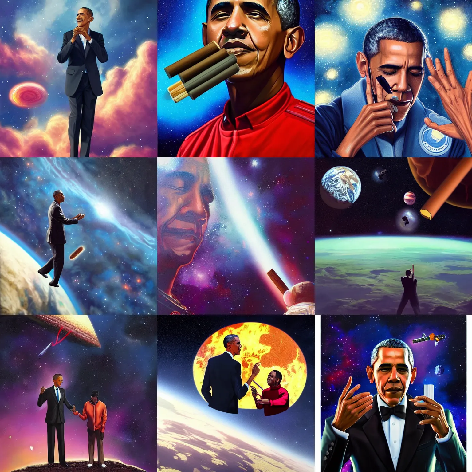 Prompt: a beautiful fantastic cosmic matte painting of obama passing a blunt to jayz in outer space, by artgerm, trending on artstation