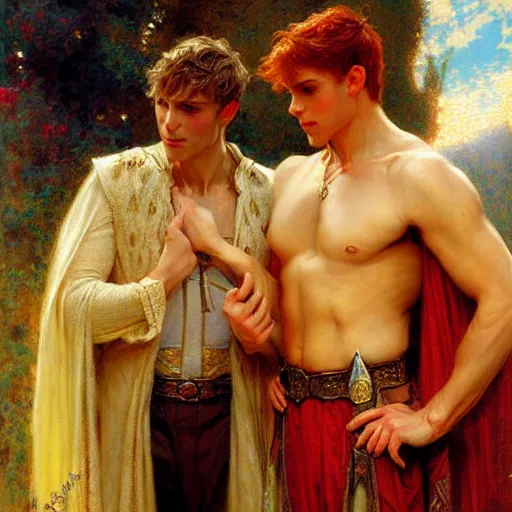 Image similar to attractive, arthur pendragon in love with attractive male, merlin the mage. highly detailed painting by gaston bussiere, craig mullins, j. c. leyendecker