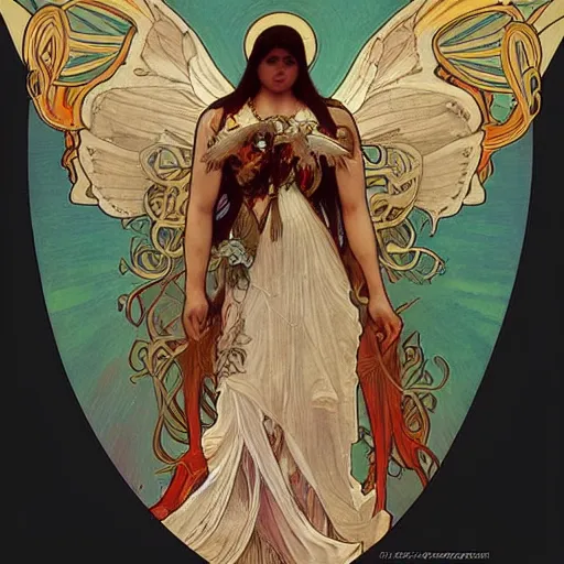 Image similar to seraphim with 6 wings covered in eyes, trending on artstation, by alphonse mucha