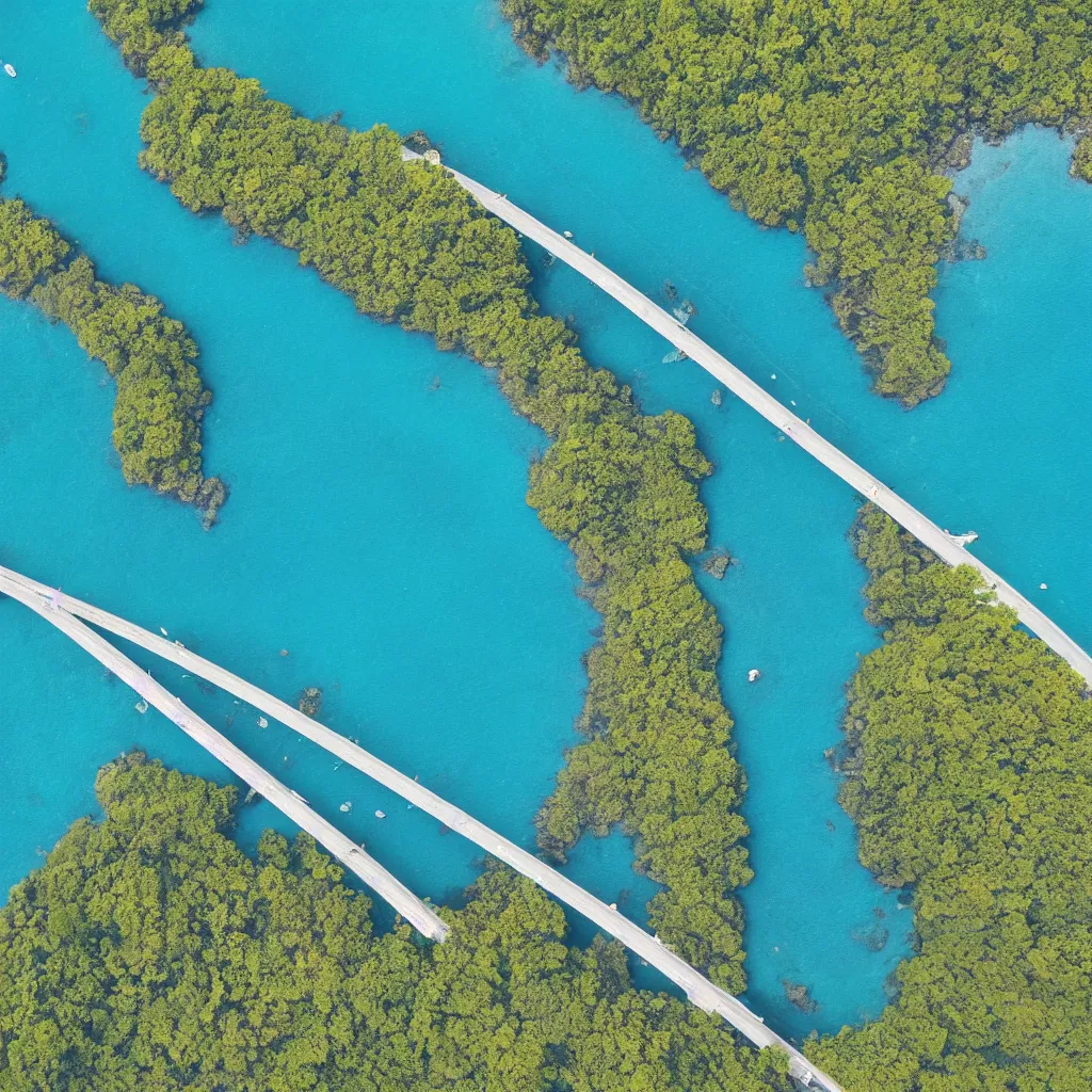 Image similar to single lane bridges winding over wide ocean of bright blue water, birds eye view