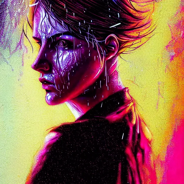 Image similar to bright aesthetic portrait LSD glowing backlit rain on face and wet hair, cyberpunk, overhead lighting, fantasy, intricate, elegant, dramatic lighting, highly detailed, lifelike, photorealistic, digital painting, artstation, illustration, concept art, smooth, sharp focus, art by John Collier and Albert Aublet and Krenz Cushart and Artem Demura and Alphonse Mucha