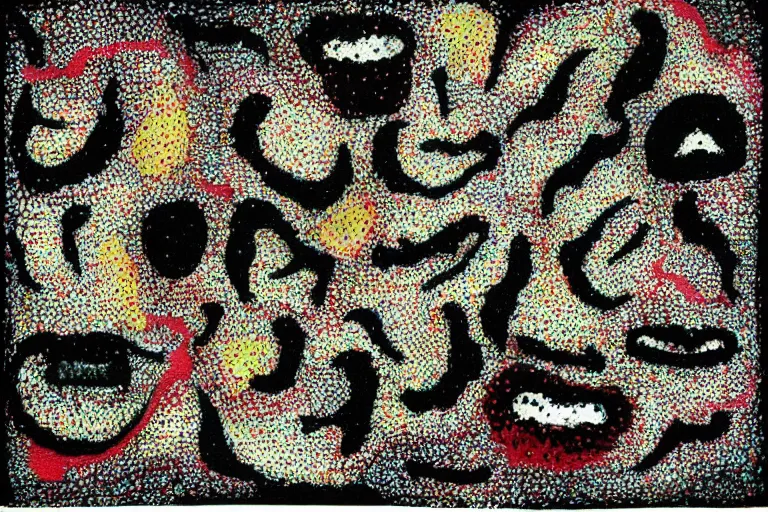 Image similar to teeth, smile, faceless people, black figures, dark, acrylic, clay, dots abstract, dripping, stipple, pointillism, technical, abstract, minimal, style of francis bacon, asymmetry, pulled apart, stretch, cloak, eerie, made of dots, abstraction chemicals, blotter, mask, colored dots, splotch, old painting style