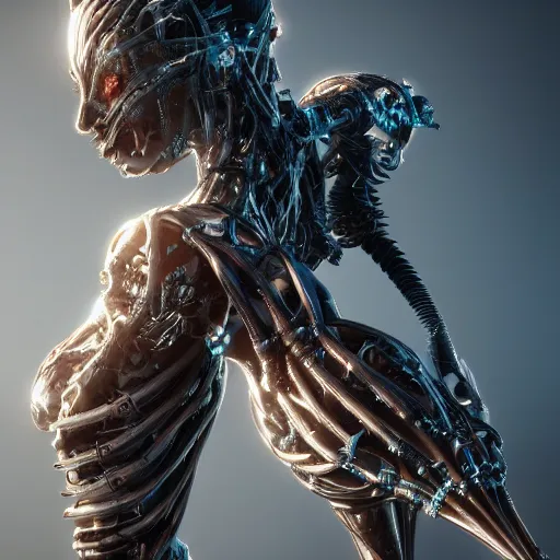 Image similar to wraith biomechanical with incredible technological hair, masterpiece crystalline incrustations, hyper - detailed face, elegant posed, intricate, octane render, cinematic lighting, cgsociety, unreal engine,