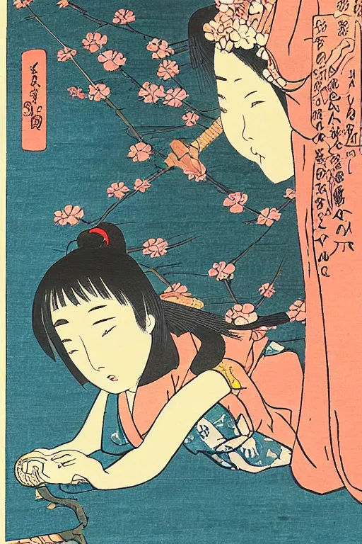 Image similar to Japanese woodblock print of real girl dora the explorer, hokusai